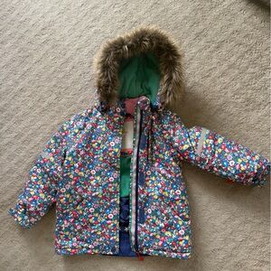Floral Boden Kids Winter Coat with removable hood and snow skirt for skiing.